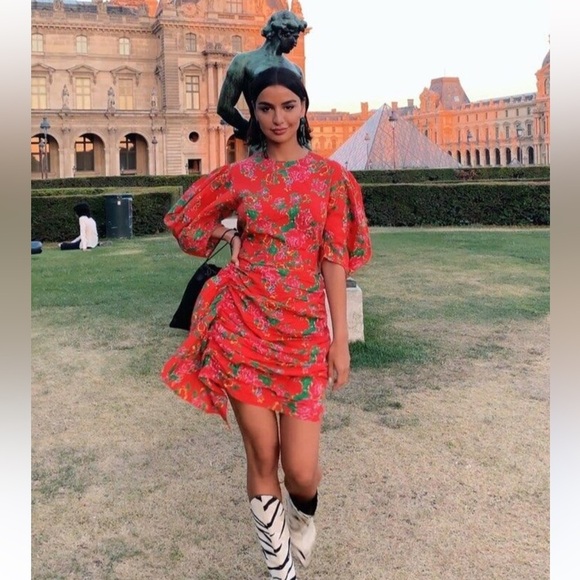 NWOT RHODE Pia Resort Red Floral Puff-Sleeve Ruched Mini Dress Size XS - Picture 7 of 16